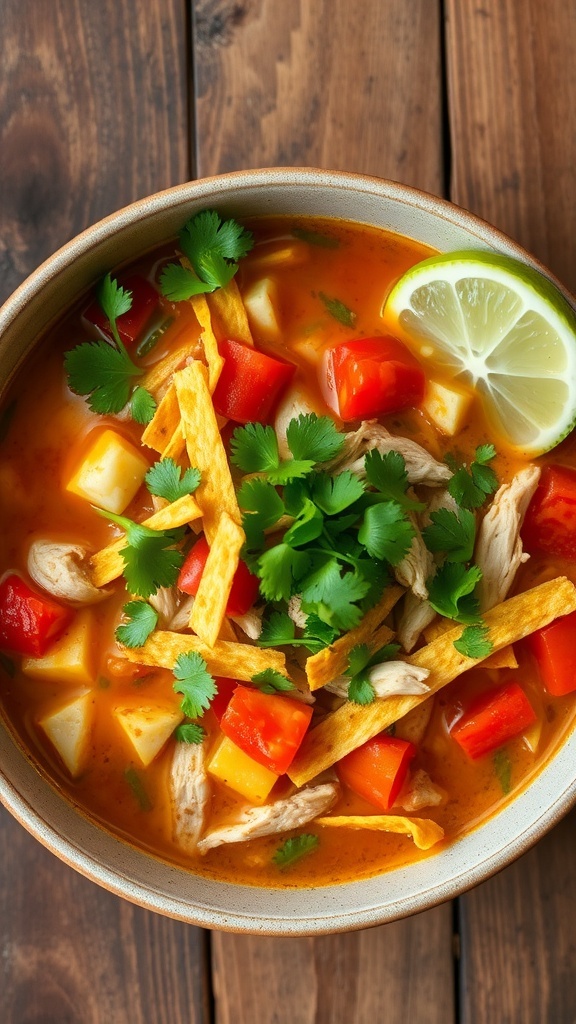 A bowl of chicken tortilla soup with orzo, garnished with cilantro and tortilla strips, on a rustic table with a lime wedge.